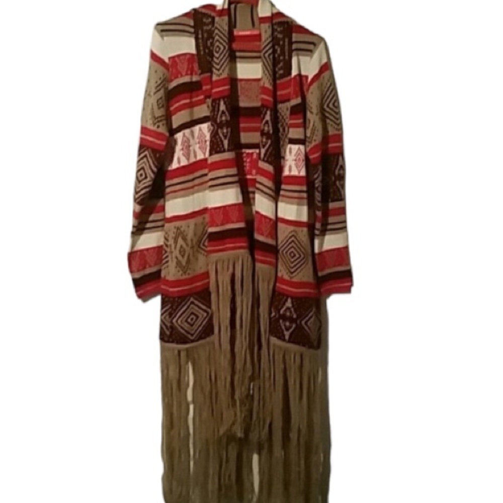 Calvin Klein size medium red & tan fringed high Low sweater waterfall front